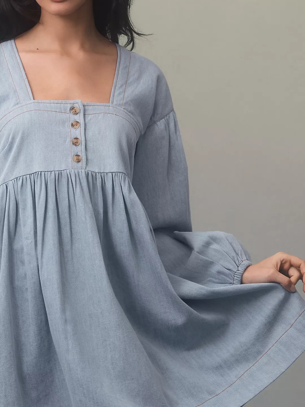By Anthropologie Long-Sleeve Square-Neck Denim Babydoll Mini Dress - Picture 5 of 5
